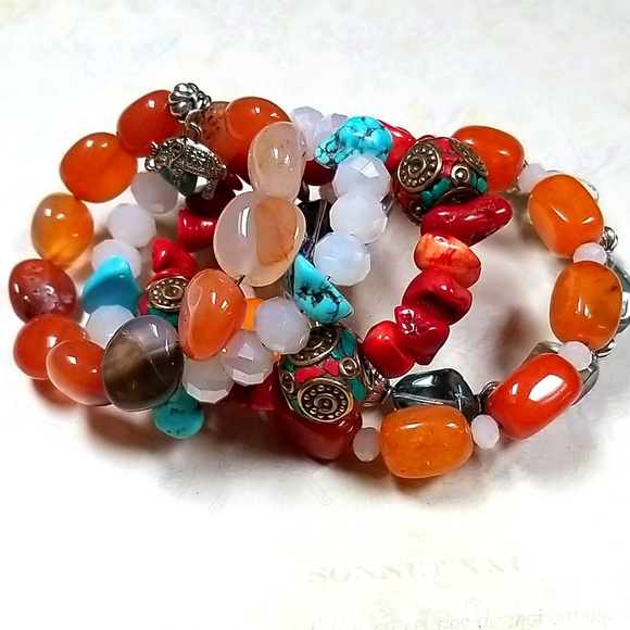 Hand Crafted Boho Beaded Agate, Coral, Turquoise and Amber Wrap Bracelet - Picture 11 of 16